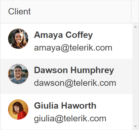 The table from above is condensed to one column under Client, with a small profile image, name, and email all tidily displayed together