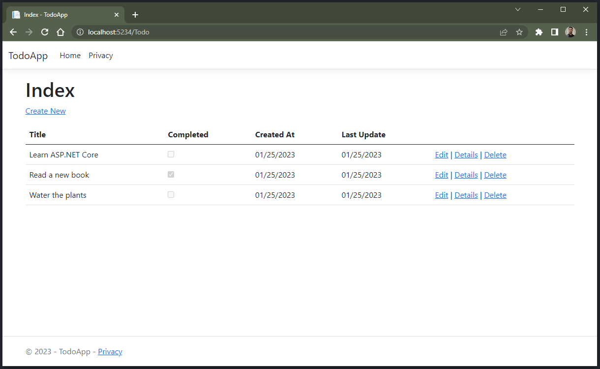 to do app To do App with columns for title, completed, created at, last update, and quick links to edit, details and delete for each item