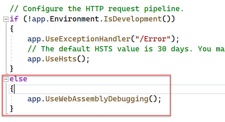 Add WebAssembly debugging A portion of the Program.cs window displays with the code mentioned above highlighted.