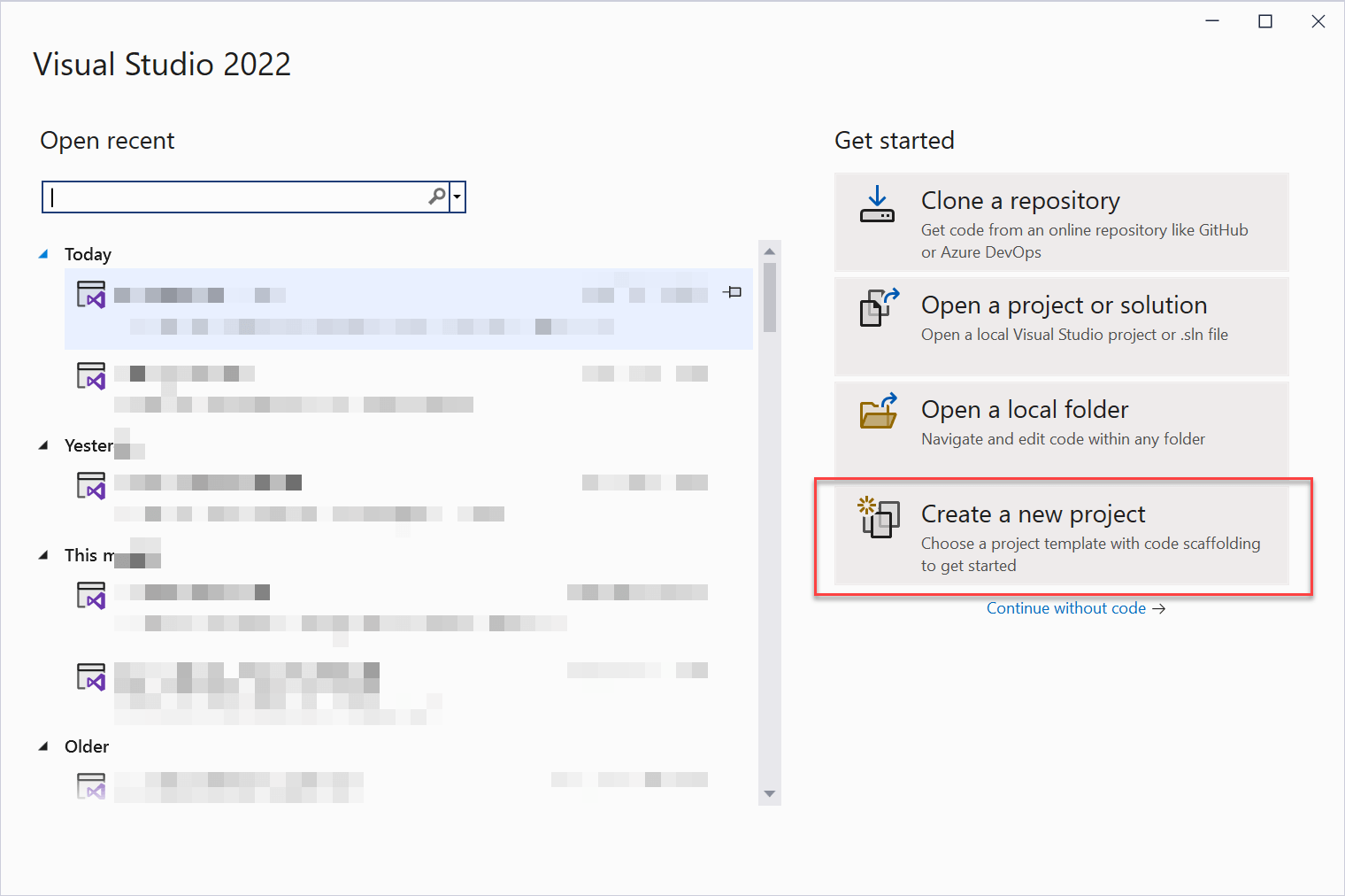 Create new project The Visual Studio 2022 dialog displays with the option to Create a new project highlighted.