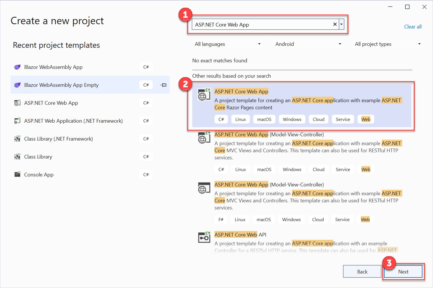 Create new ASP.NET Core Web App project The Create a new project dialog displays with ASP.NET Core Web App entered in the search bar and selected from the list of results. The Next button is selected.
