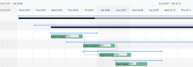 Gantt view of week with team members and percentage of completion