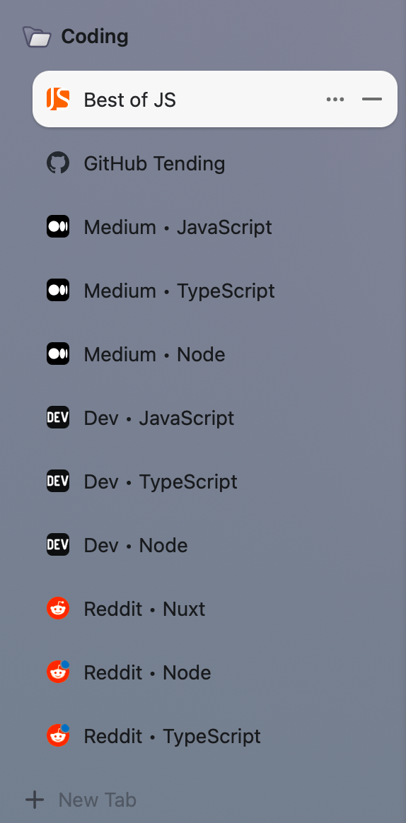 Arc Pinned Tabs shows a folder of COding links on Medium, dev,to, GitHub and Reddit
