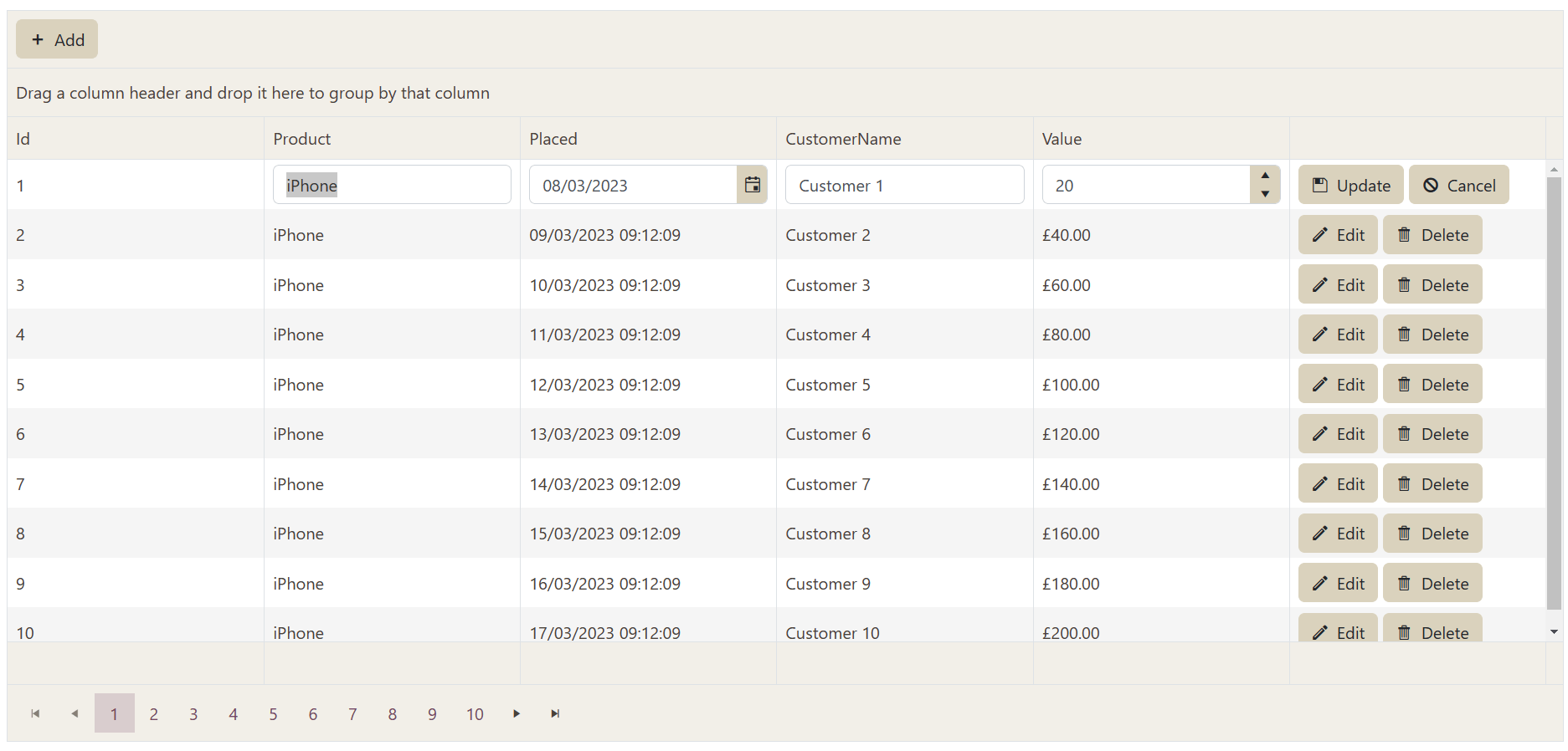 .Editable Grid A table showing several sales records. Each row has the following columns: Id, Placed, CustomerName, and Value. Each row has Edit and Delete buttons except the first row which has Update and Cancel buttons