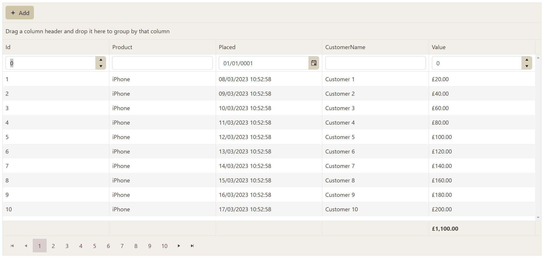 Add items to grid A table showing several sales records. Each row has the following columns: Id, Placed, CustomerName, and Value. Above the grid is an Add Button. The first row in the column has input boxes for all the columns