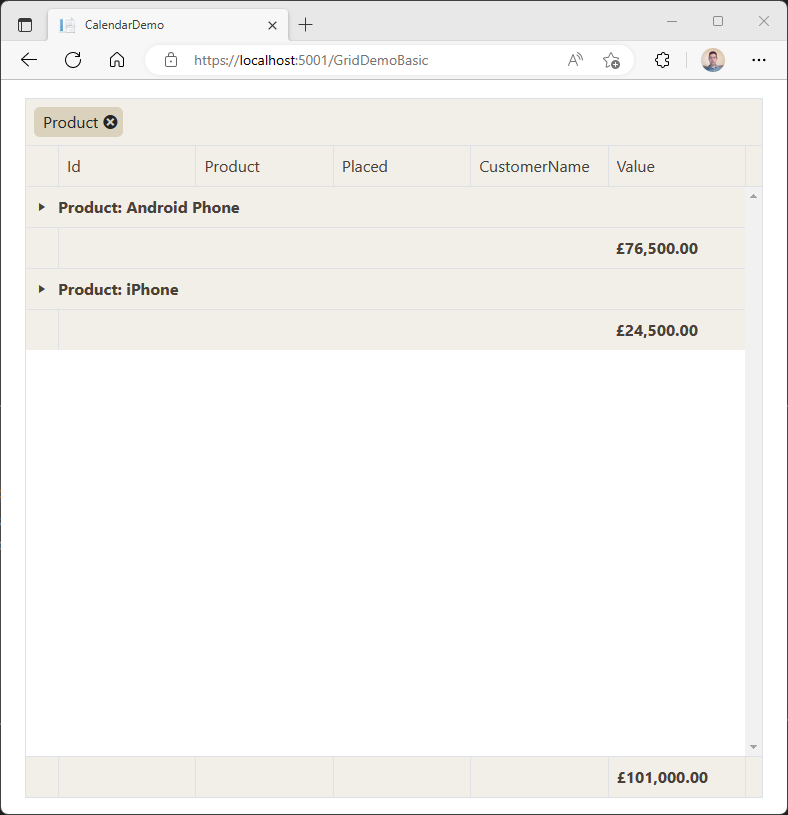 Grouped DataGrid with Totals A table showing several sales records. Each row has the following columns: Id, Placed, CustomerName, and Value. Two groups are visible: Product:Android Phone and Product:iPhone. Under each group is a number showing the total value for that group, formatted as currency
