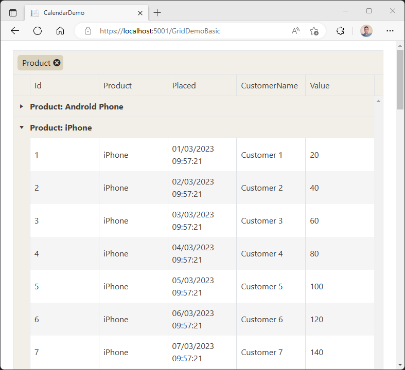 Grid with grouped data A table showing several sales records. Each row has the following columns: Id, Placed, CustomerName, and Value. The rows are grouped by product name, with two groups visible: Product:Android Phone and Product:iPhone. At the top there is a toolbar with a button showing the text 'Product'. This button has an icon with an x on it