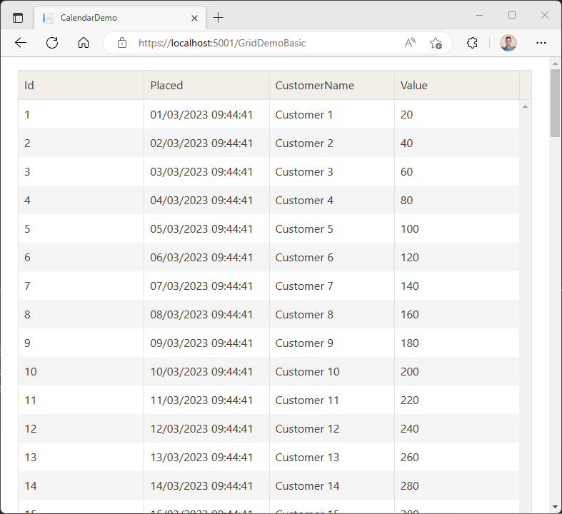 Simple Data Grid A table showing several sales records. Each row has the following columns: Id, Placed, CustomerName, and Value