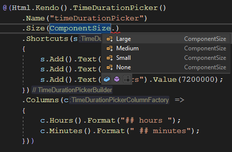 ComponentSize is highlighted and option sare Large, Medium, Small, None