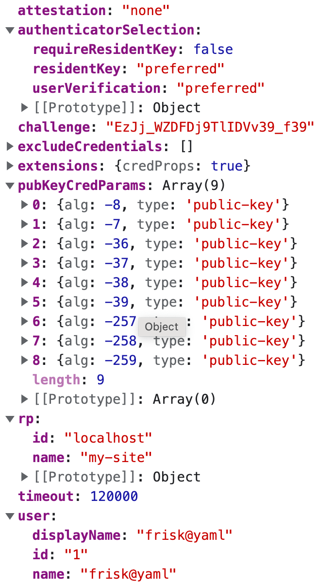 credential creation options