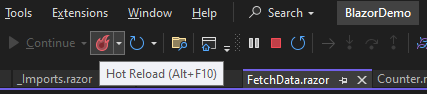 Visual Studio 2022 Toolbar: Mouse over the Hot Reload button