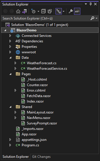 Visual Studio 2022 Solution Explorer showing the default project structure of a Blazor Server Application. Solution Explorer showing the folders Data, Pages, Shared, wwwroot and the root folder including the files _Imports.razor, App.razor, Program.cs.