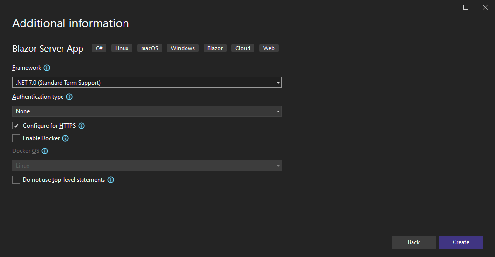 Visual Studio 2022: Create a new project - Blazor Server App: Additional Information The additional information step in the create a new Blazor Server App project template creation wizard.