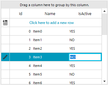 Item3 is being edited in the IsActive column so it says NO