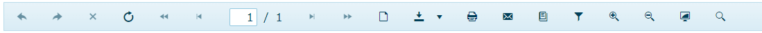 The menu bar displayed at the top of a report in the Telerik Report Viewer. The bar shows a series of icons and one textbox that displays the current page number (the total number of pages in the report is displayed to the right of the textbox). In the middle is the icon for a dropdown list beside a download icon. Many of the icons are familiar – page forward/backward, zoom, search, etc.