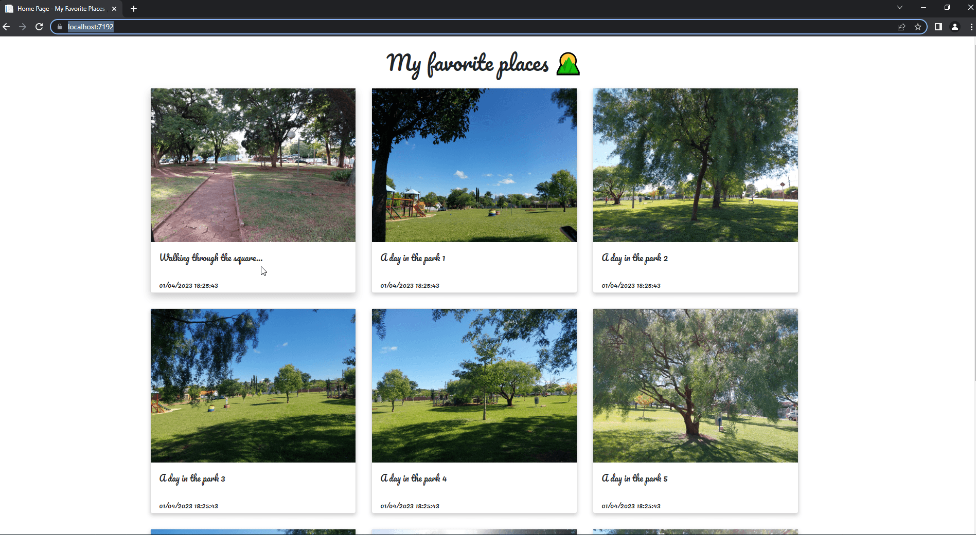 Final Version App My Favotire Places App shows six cards with image, caption and date, and more cards below