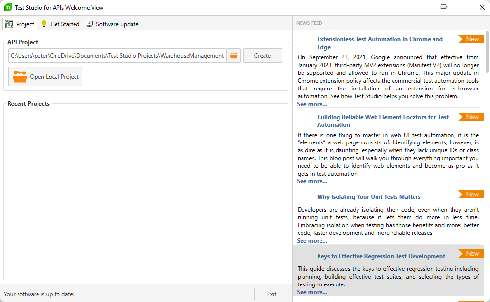 The Test Studio for APIs initial dialog box. The first tab with the tab with a caption of “Project” displayed. The tab has a textbox labelled “API Project” that contains a file path that ends with WarehouseManagement. To the right of the textbox is a button labelled “Create”