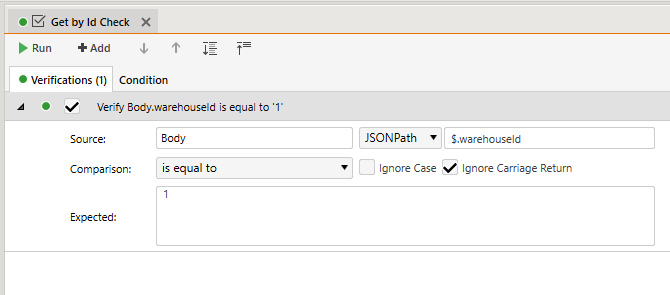 The verification step panel with multiple textboxes and a dropdown list. The first textbox is labelled source and is set to Body. To its right, a dropdown list has been set to JSONPath and the textbox to its right has been set to $.warehouseId. In the next row, a dropdown list named Comparison has been set to “is equal to.” Below that, a large, multiline textbox labelled “Expected” has been set to “1”.