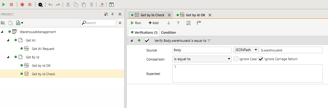 The project treeview panel and the verification panel from the previous step. The verification panel is unchanged but all of the steps and headers in the treeview have green dots to the left of their names