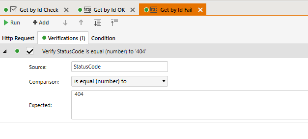The panel for configuring the Http Request but the Verification tab is selected. The textbox at the top of the form in the tab is labelled “Source” and is set to “StatusCode.” Below it is a dropdown list labelled “Comparison.” It is set to “is equal (number) to.” Below that is a large, multiline textbox labelled Expected – it is set to 404