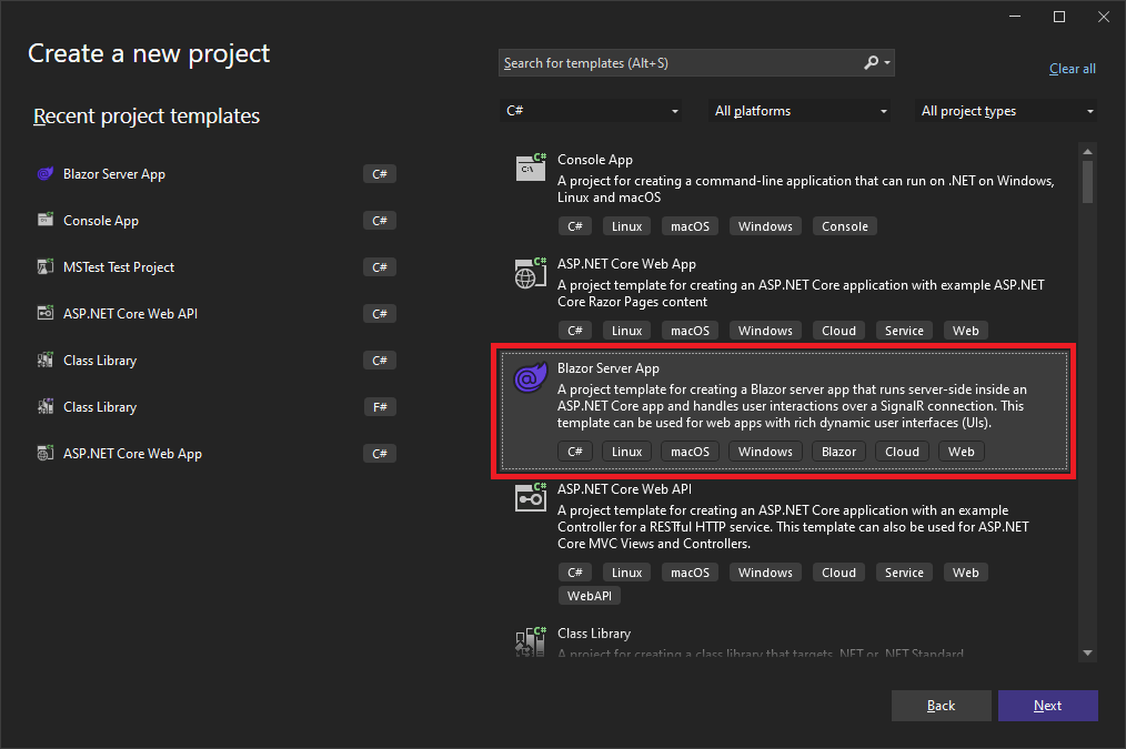 Visual Studio 2022: Create a new project - Blazor Server App Visual Studio create a new project dialog with the Blazor Server App project template selected.