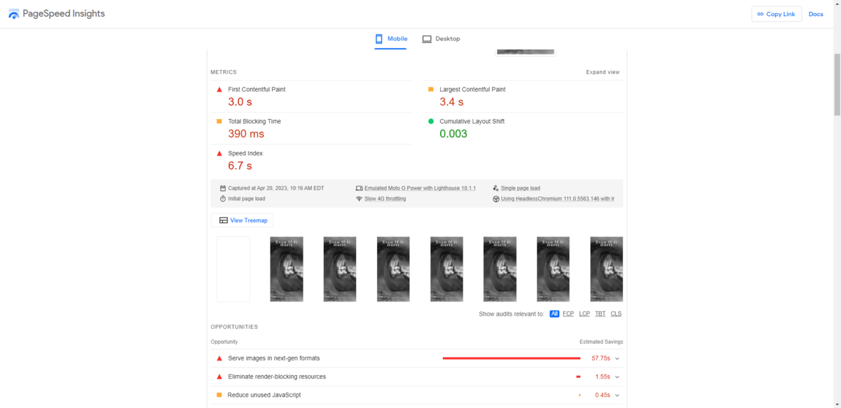 PageSpeed Insights speed metrics In PageSpeed Insights, users will find metrics related to page speed. In this example, the page had the following metrics: 3.0 seconds for the first contentful paint, 390 milliseconds for total blocking time, 6.7 seconds for speed index, 3.4 seconds for largest contentful paint, and 0.003 for cumulative layout shift.