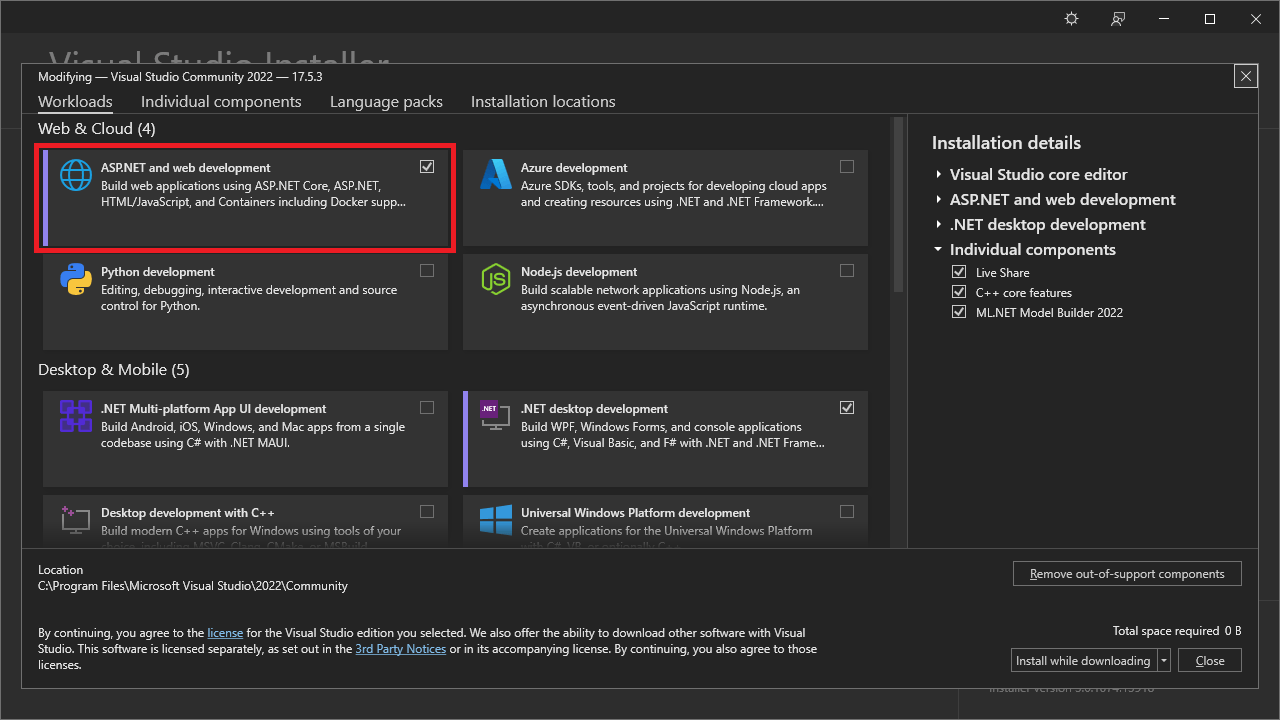 Visual Studio Installer: Web Development Workload Visual Studio Installer with the ASP.NET and web development workload selected.