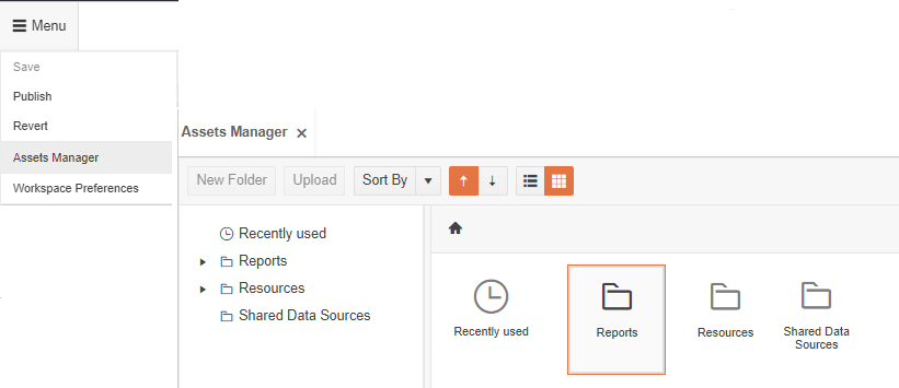 A composite graphic showing the designer hamburger menu with the Assets Manager choice highlighted. To the right of the screenshot of the menu is a screenshot of Assets Manager. The treeview on the left shows Recently User, Reports, Resources, and Shared Data Sources. On the right, those entries are repeated with graphics (e.g. a clock icon for the Recently User folder and folder icons for the other three entries)