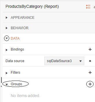 The Properties panel from the right side of the report designer. The dropdown arrow beside the Data property has been expanded (and circled). In the expanded area, the Groups property has been circled. To its right the plus sign for the Groups property has also been circled.