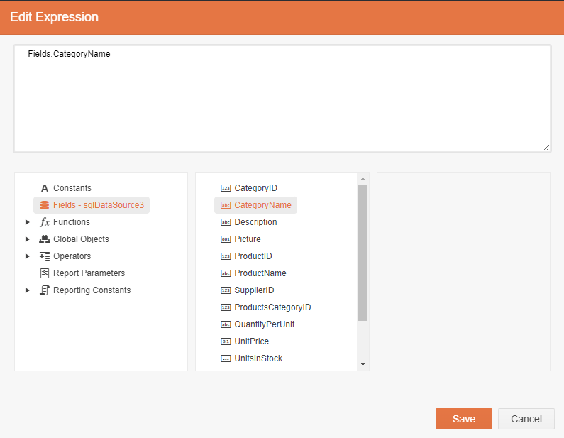 The Edit Expression dialog. In the list in the lower right, the Fields item has been selected. In the list in bottom middle the CategoryName field has been selected. The large textbox at the top of the dialog contains the text = Fields.CategoryName.