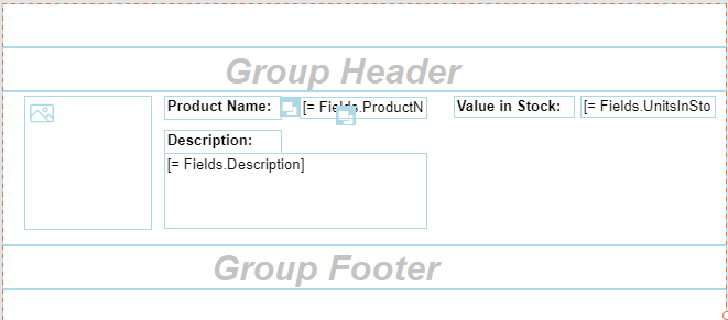 A report showing two new sections added above and below the details section with the data fields. The section above the details section has been labelled ‘Group Header’ and the section below the Details section has been labelled ‘Group Footer’.