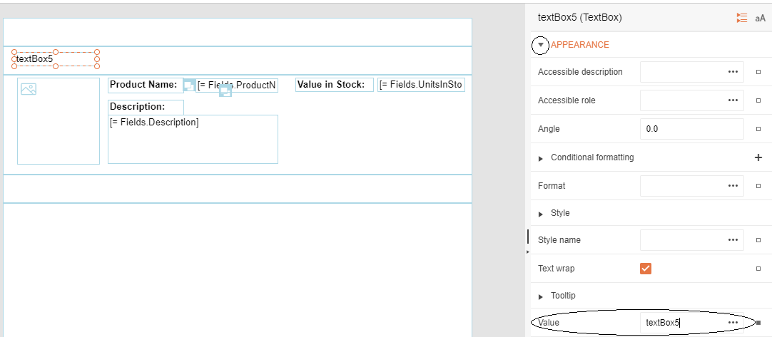 A report with a group header and footer sections above and below the details section. A TextBox has been added to the group header. On the right side, in the properties panel, the Appearance section has been expanded to reveal the Value property (the dropdown arrow to the left of the Appearance section has been circled). The Value property, including the three dots to its right has also been circled.