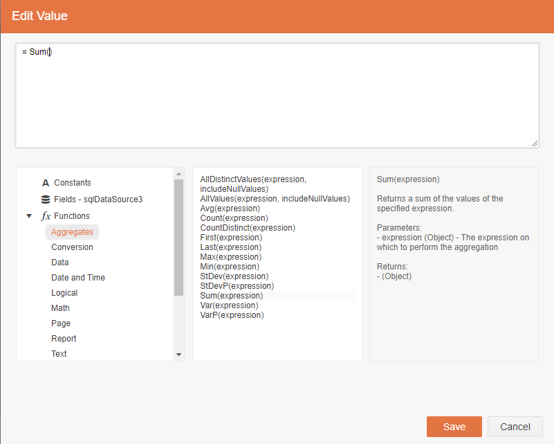 The Edit Value dialog. In the list in the lower right, the fx Functions item has been expanded to display a list of categories. In that list, the Aggregates category has been selected. In the list in the middle bottom, a list of functions has been displayed. The box on the lower right shows that, in the list of aggregate functions, the Sum function has been selected. The large textbox at the top of the dialog contains the text = Sum()