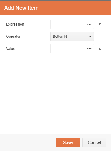 The Add New Item dialog which has three entry components labeled Expression (a textbox), Operator (a dropdown list), and Value (a textbox). There are three dots to the right of both the Expression and Value textboxes
