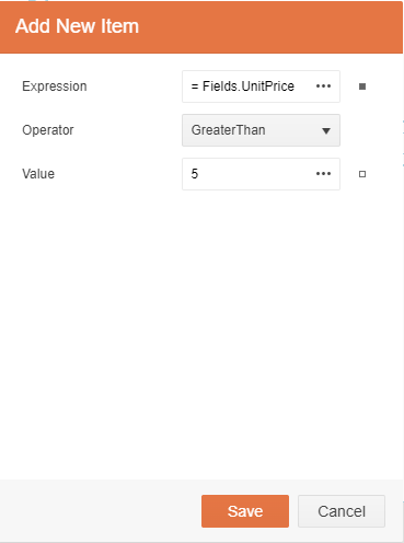 The Add New Item dialog again. This time the Expression textbox contains = Field.UnitPrice, the Operator dropdown list has been set to GreaterThan, and the Value textbox has been set to 5.