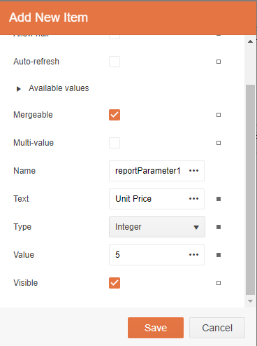 The Add New Item dialog again, scrolled down to show the final entry. The Text textbox contains Unit Price; the Type dropdown list is set to Integer; The Value textbox has 5 in it; The Visible checkbox has been checked.