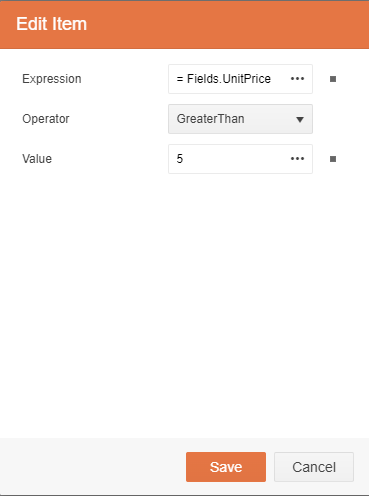 The Edit Item dialog showing the settings for a Filter. The Value textbox in the dialog is set to 5.