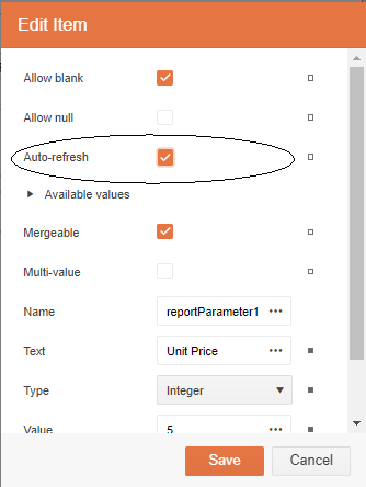 The Edit Item dialog that appears when defining a Report Parameter. At the top of the dialog is a checkbox labelled Auto-refresh that has been circled. The checkbox has been checked.
