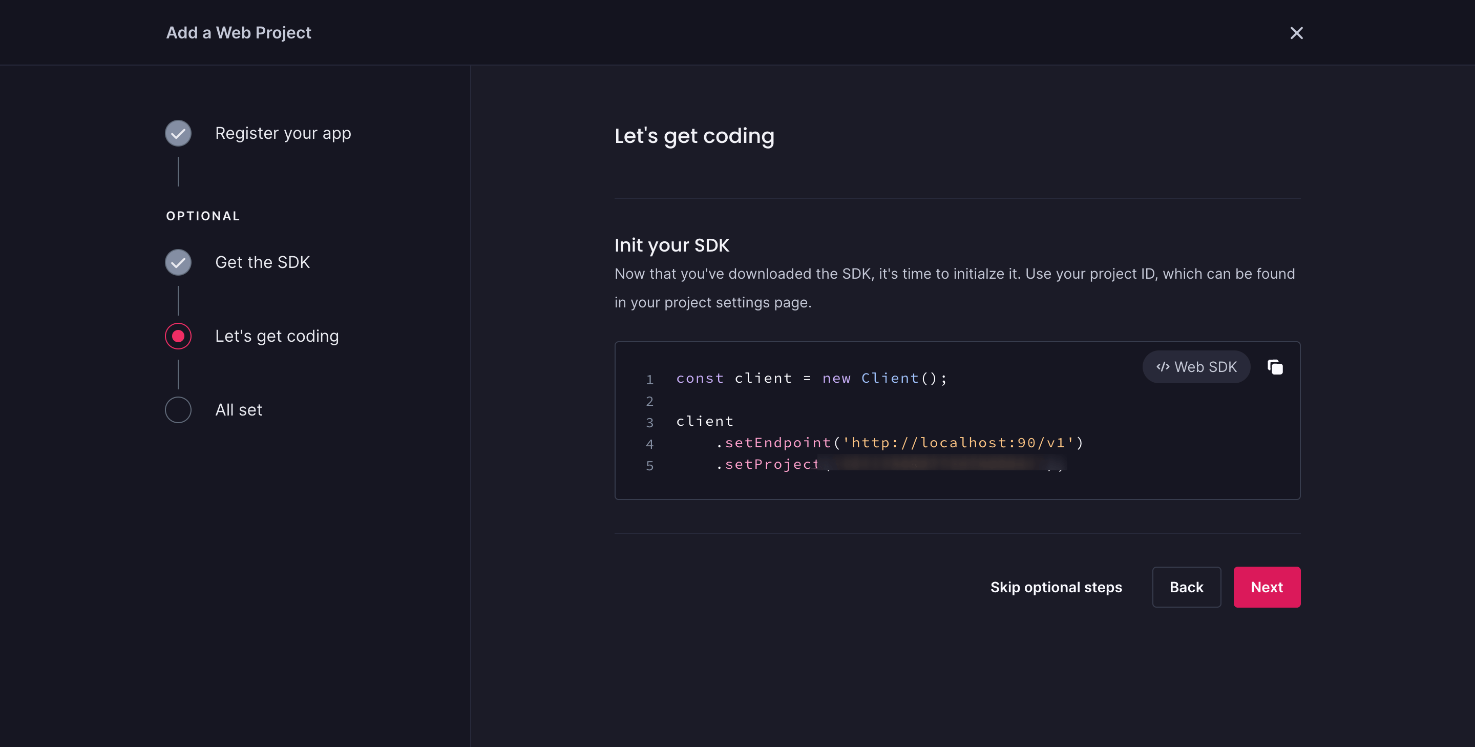 In the add a web project process, after registering the app and getting the SDK, we see Let's get coding, with an Init your SDK.