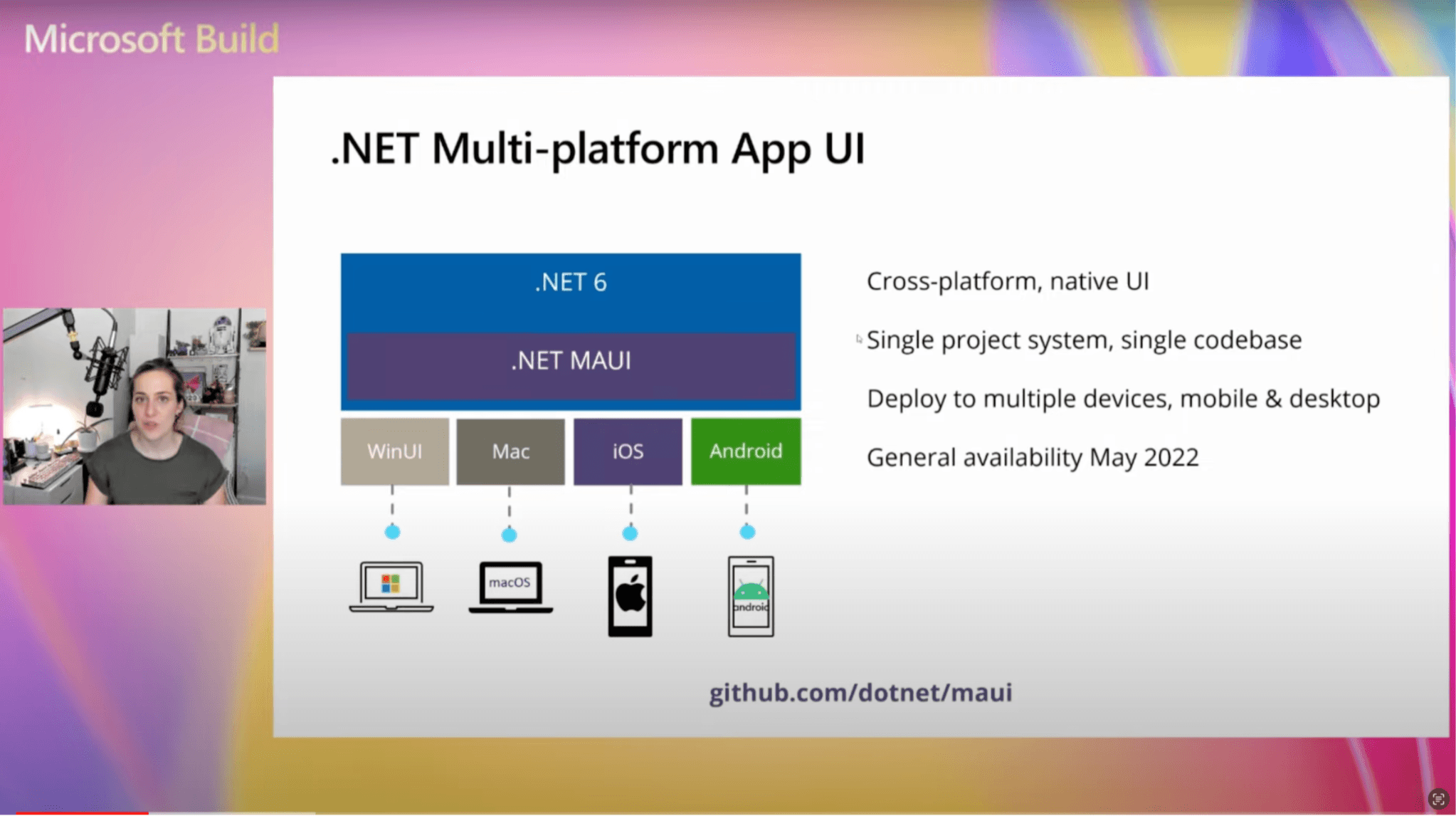 What is .NET MAUI? cross-platform, native UI; single project system; deploy to multiple devices, mobile & desktop; general availability May 2022