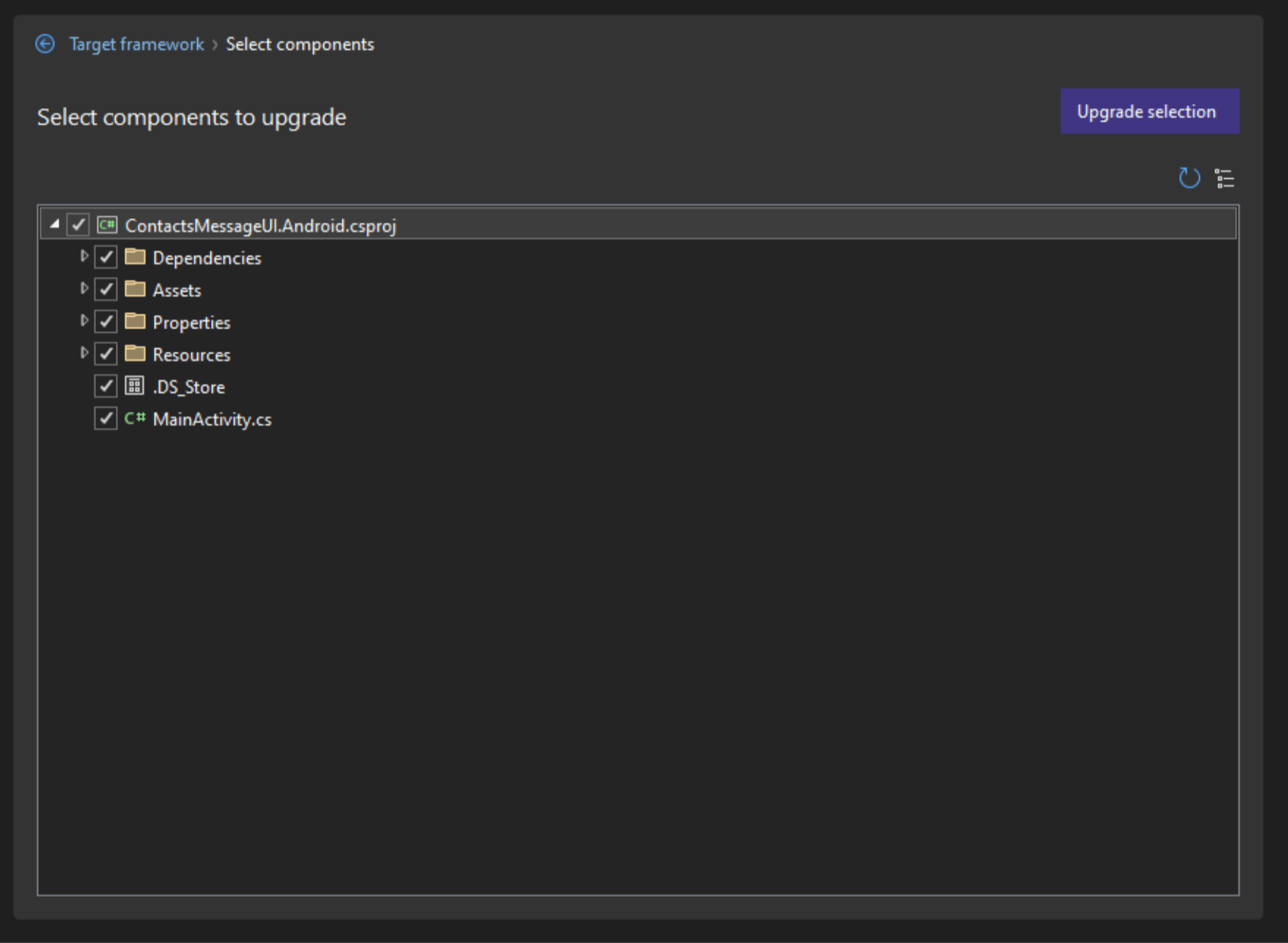 Upgrading the project Select components to upgrade.