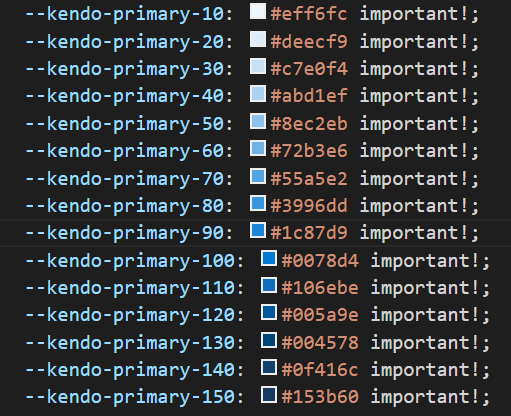 VS list of Kendo colors in blue
