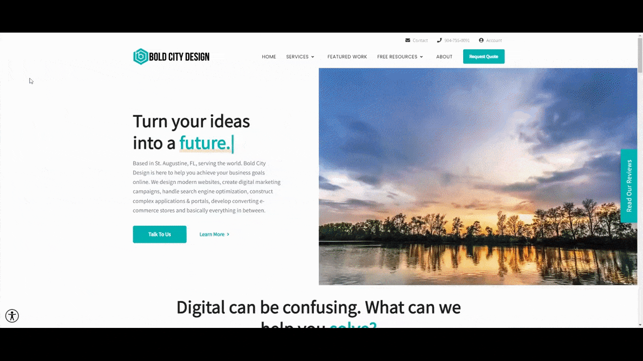 A GIF showing the current home page for the Bold City Design website. It includes a hero section with a video reel, a section on their web design services, a Google testimonials section, 4 samples from their portfolio, and more.