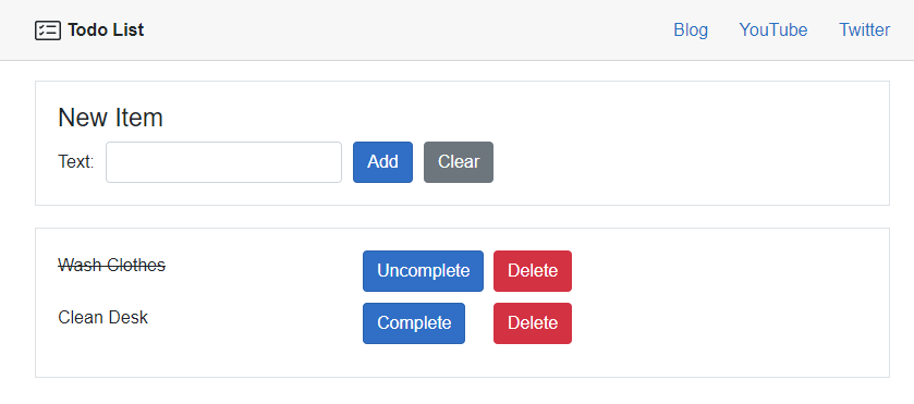 Todo App using Blazor WebAssembly A list of todos with button to complete, uncomplete, and delete each listed item. A form with a single input field to allow adding new todo items. Completed items, and uncompleted items.