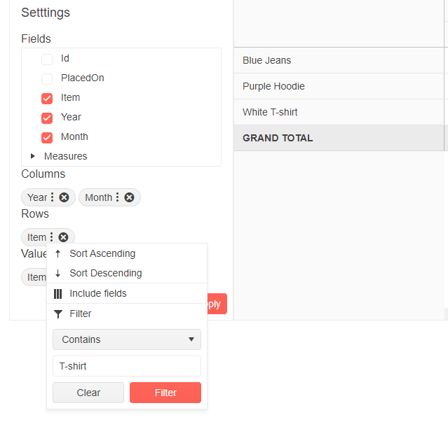 Configurator A list of columns, rows, and values. There is a menu open which shows options for a field called Item - listed in the rows section - including options to sort ascending, and descending. There is also a filter sub-menu. In the filter box the word T-Shirt has been entered