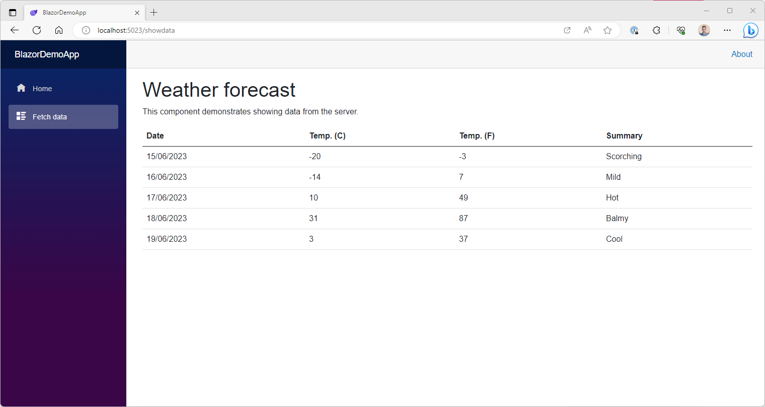 Fetch data page Fetch data page: A page showing weather data, namely dates, temperatures, and a summary
