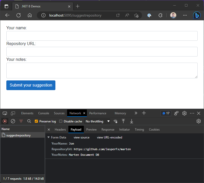 A form with inputs for name, repository URL and notes, with a submit button at the bottom