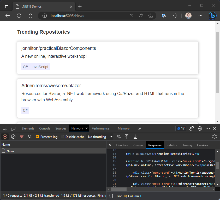 A list of trending repositories, with titles and details for each one
