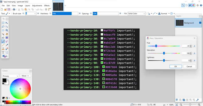 Adjusting the hue and saturation has the image showing greens rather than blues