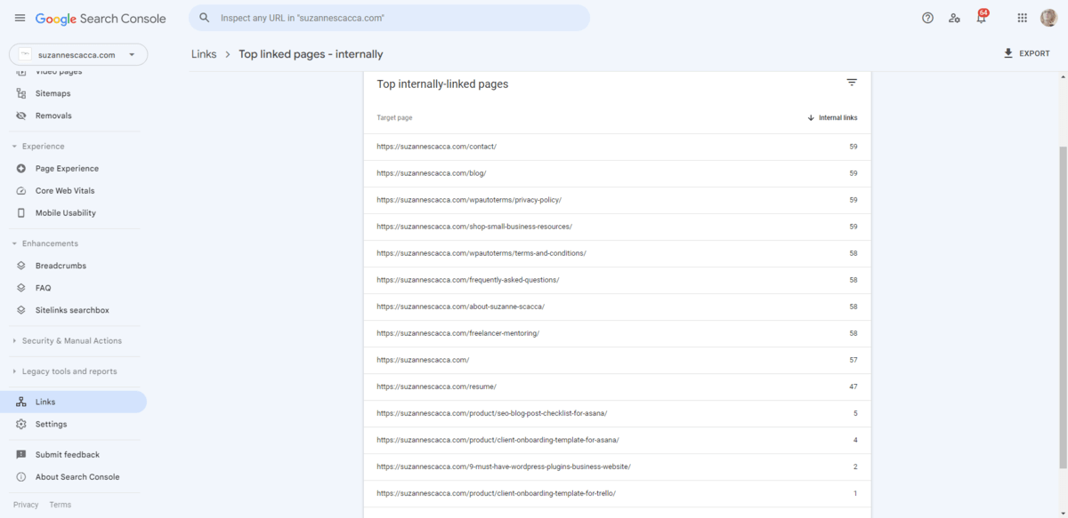 GSC links per page Google Search Console - Links - top linked pages shows the number of internal links per page
